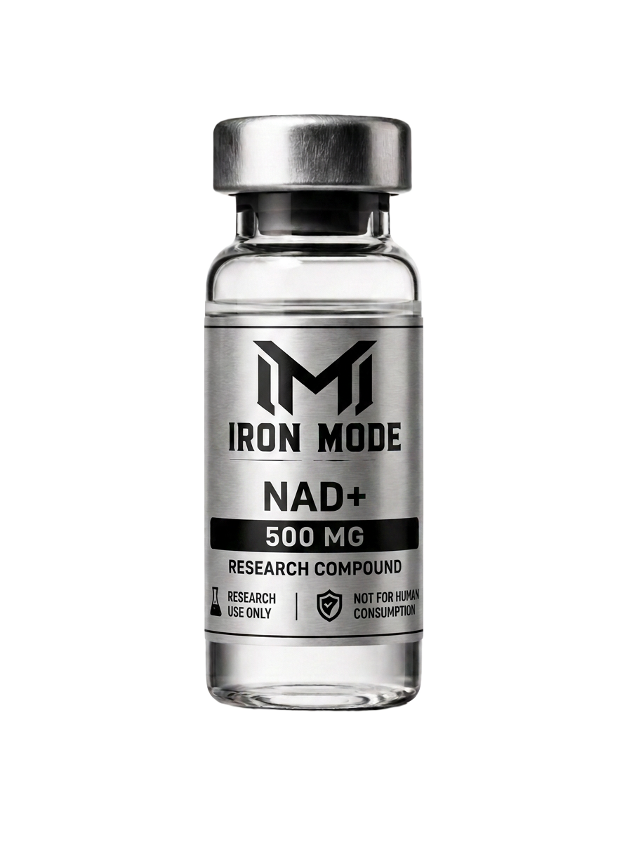 NAD+ research vial with Iron Mode metallic label